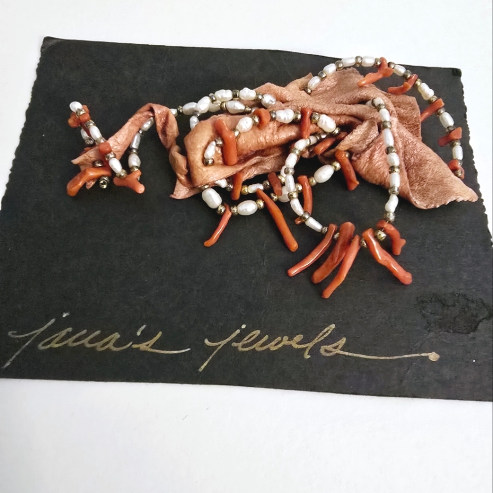 Vintage Pearl Coral And Suede Leather Hand Crafted Artist Designer Brooch